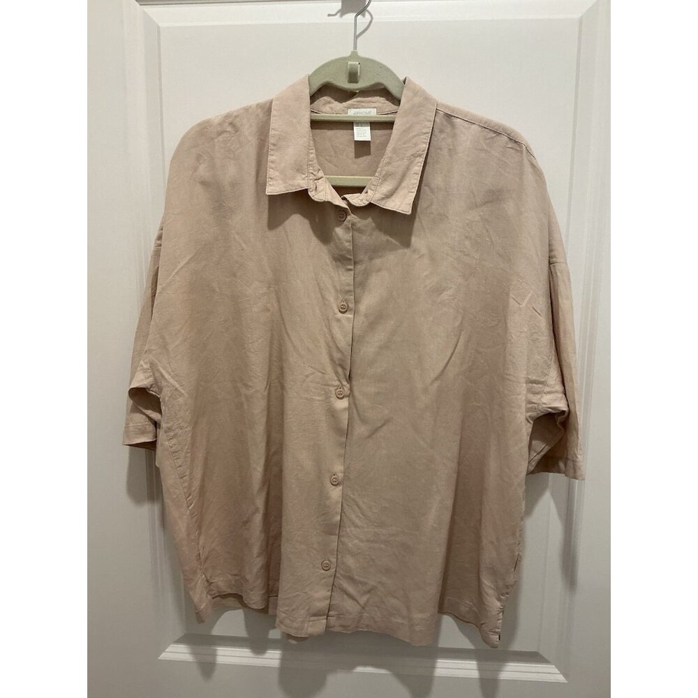 H&M Shirt Large Button Up Soft Pink Linen Blend Short Sleeve